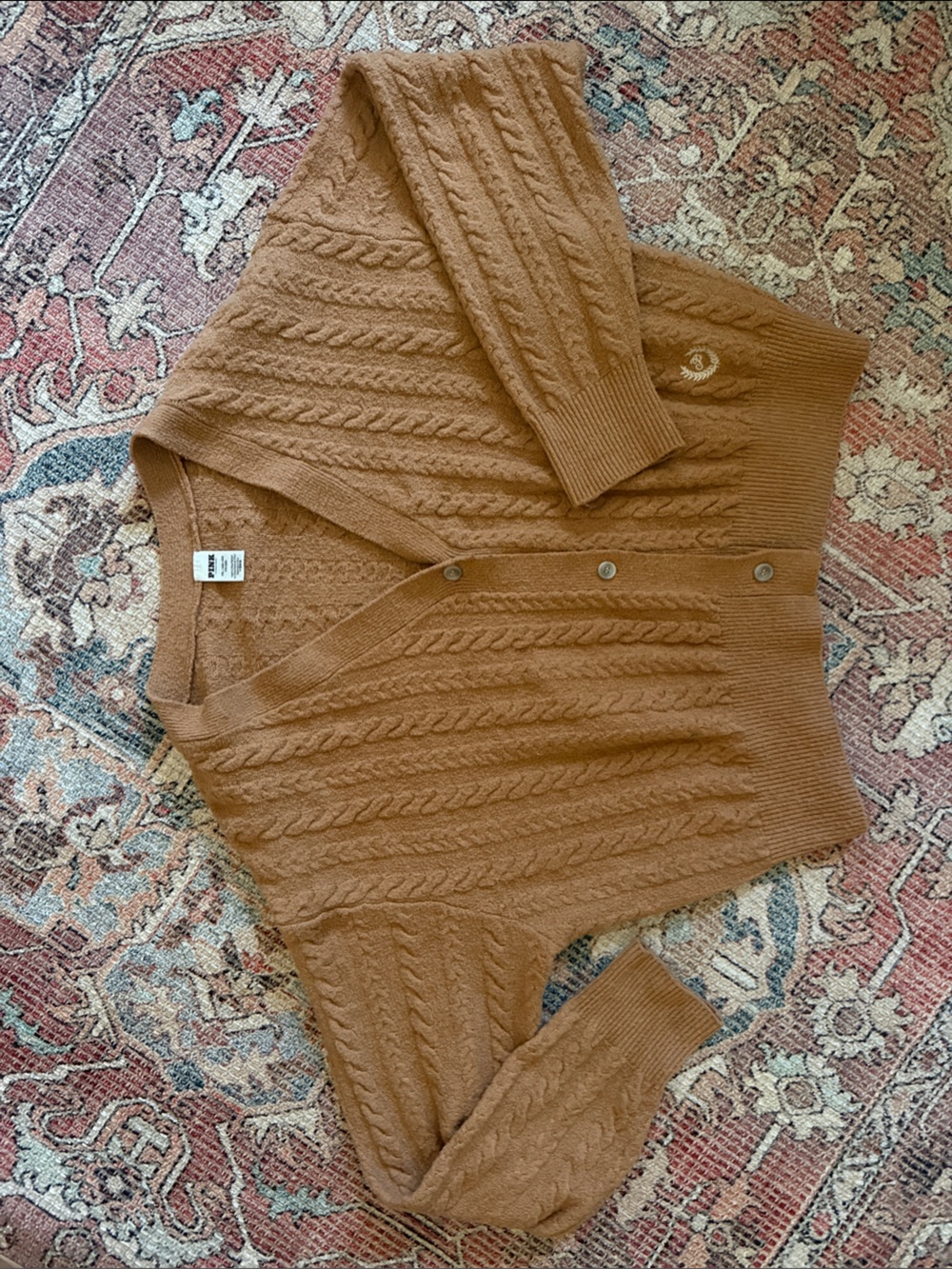 PINK Victoria's Secret Camel Cable-Knit Button Cardigan